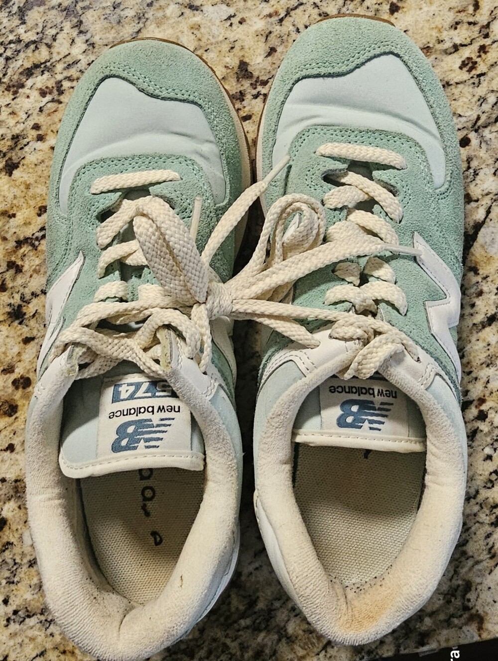 New Balance 574 sneakers, featuring a distinctive seafoam green suede upper 6.5 - Picture 9 of 11